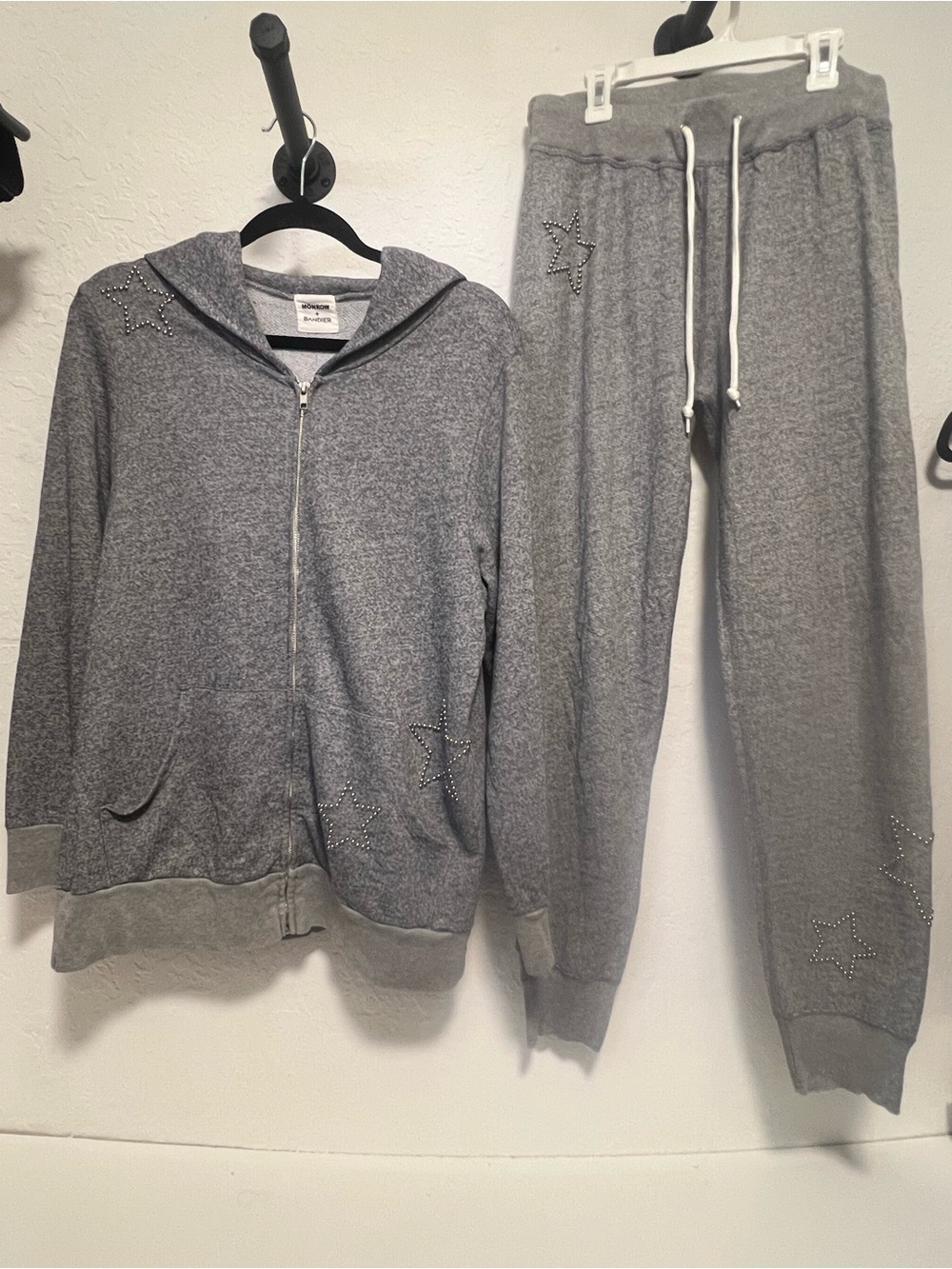 Monrow x Bandier Gray Studded Star Sweatsuit Set Hoodie L Pants M